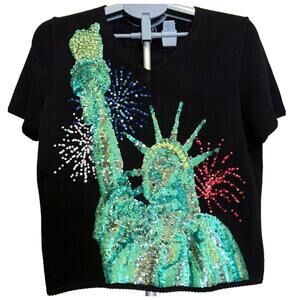 MICHAEL SIMON EVENT SHORT SLEEVE SWEATER M LADY LIBERTY SEQUIN V NECK BLACK NWOT